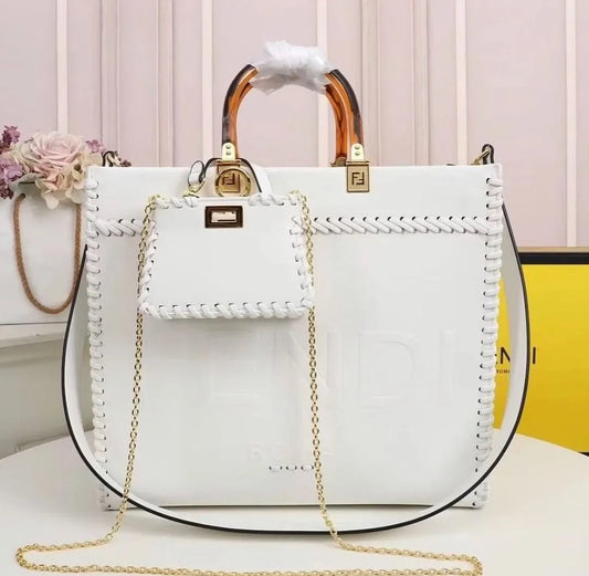 Fendi Sunshine Tote Bag White With Decorative Stitching