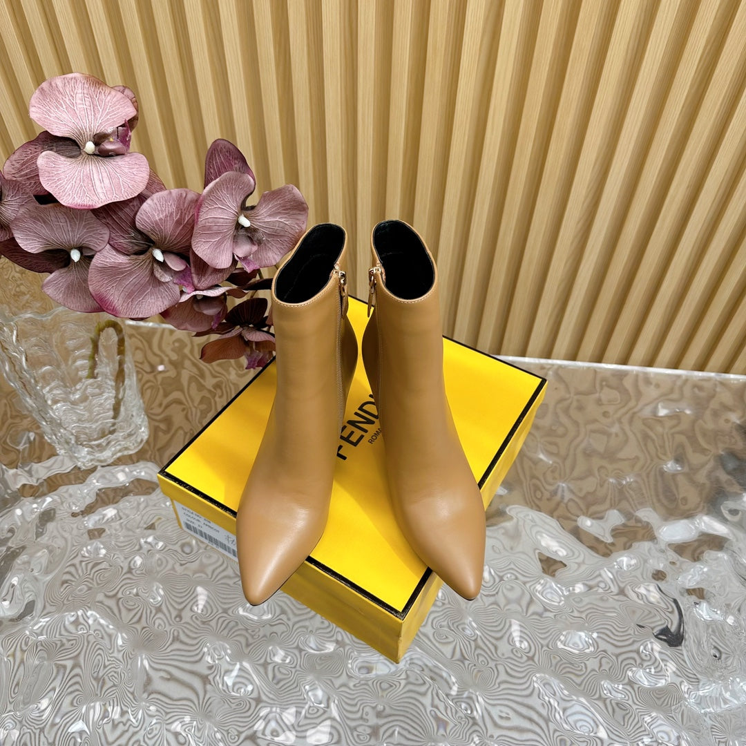 FENDI FIRST 80 MM BOOTS IN CIDER BROWN CALFSKIN WITH GOLD HARDWARE